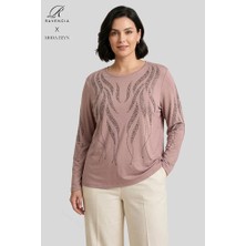 Ravencia Kadın Sarmal Çubuk Desenli Yaka ve Etek Taşlı Işlemeli Yırtmaçlı Likralı Anne Penye Bluz