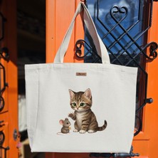 Bumudur Aksesuar Sevimli Kedi ve Fare Dostluğu Cute Cat And Mouse Friendship Baskılıı Naturel Kanvas Bez Çanta Sap Beyaz Cırt Cırtlı Suluk Tutuculu - Büyük