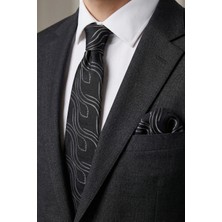 Milleniva Şal Desen Siyah Gümüş Kravat & Mendil