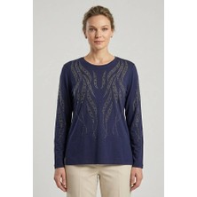 Ravencia Kadın Sarmal Çubuk Desenli Yaka ve Etek Taşlı Işlemeli Yırtmaçlı Likralı Anne Penye Bluz