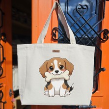 Bumudur Aksesuar Sevimli Beagle Köpeği ile Kemik Baskılıı Naturel Kanvas Bez Çanta Sap Beyaz Cırt Cırtlı Suluk Tutuculu - Büyük