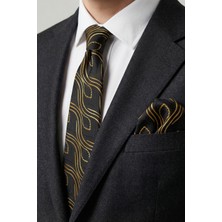 Milleniva Şal Desen Siyah Gold Kravat & Mendil