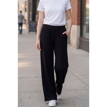 Evavi Kadın Şardonsuz Siyah Bol Paça Eşofman Altı