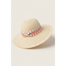 Mollycrush Etnik Motifli Bej Kadın Hasır Şapka - Doğal Saçaklı Geniş Kenar Yazlık Güneş Koruyucu Fötr