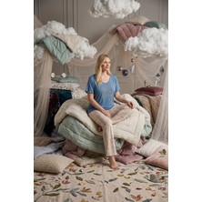 Bie's Kadın Mavi Çiçek Desenli Büyük Beden Düğmesiz Viskon Kısa Kol Palazzo Pijama Takımı-Oversize Üst Geniş Paça Alt