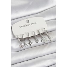 Solenya 316L Çelik Gümüş Renk 6'lı Set Yonca Model Kadın Küpe