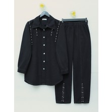 Modamorfo Paçası Yırtmaçlı Taş Detaylı Ikili Kot Takım  -Siyah