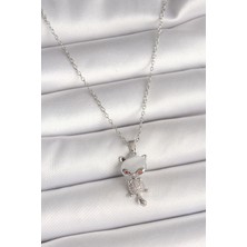 316L Çelik Gümüş Renk Zincir Zirkon Taşlı Kedi Model Kadın Kolye - Lisinya