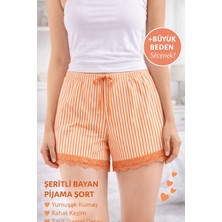 Dantel Detaylı Çizgili Kadın Pijama Şortu - Turuncu / Beyaz Xl