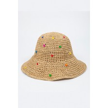 Mollycrush Renkli Boncuk Süslemeli Kadın Hasır Bucket Şapka - El Örgüsü Yazlık Şapka