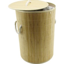 Cm Store Yuvarlak Bambu Ahşap Kirli Çamaşır Sepeti 35X60CM Seyyar Kapaklı Içi Bezli Ip Kulplu (5067)