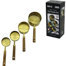 Cm Store 4 Pcs Gold Metal Ölçü Kaşık Seti Otantik Ağaç Kulp 250ML - 125ML - 80ML - 60ML (5067)