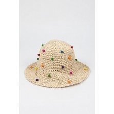 Mollycrush Renkli Boncuk Süslemeli Kadın Hasır Bucket Şapka - El Örgüsü Yazlık Şapka