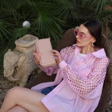 Hopeful Design Kadın Gömlek File Detaylı Oversize Mavi ve Pembe