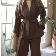 Hopeful Design Kadın Payet Detaylı Kuşaklı Ikili Takım Siyah ve Kahve