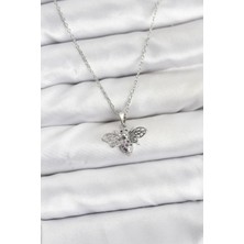 316L Çelik Zincir Gümüş Renk Sinek Model Zirkon Taşlı Kadın Kolye - Lisinya