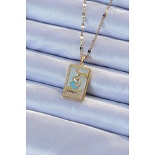 316L Çelik Zincir Altın Renk Mavi Mineli Tarot Kolye - Lisinya