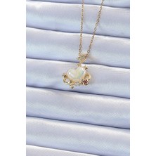 316L Çelik Zincir Altın Renk Zirkon Taşlı Gezegen Görünümlü Kalp Kolye - Lisinya