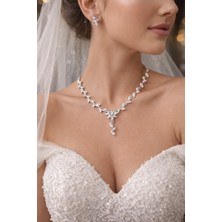 Stainless Steel Çelik Silver Abiye, Gelinlik 2'li Kolye ve Küpe Seti