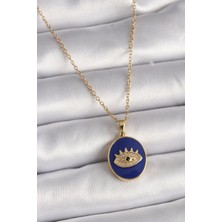 316L Çelik Gold Renk Zincir Mavi Mineli Zirkon Taşlı Göz Işleme Kadın Kolye - Lisinya