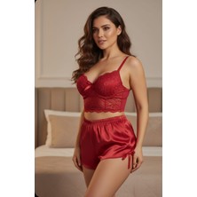 Hn. Giyim Kadın Kırmızı Romantik ve Şık Dantelli Bralet String ve Saten 3'lü Takım
