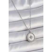 316L Çelik Gümüş Renk Zincir Beyaz Mineli Kutup Yıldız Işlemeli Madalyon Model Kadın Kolye - Lisinya