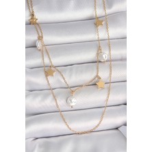 316L Çelik Gold Renk 2'li Zincir Sallantı Yıldız Inci Model Kadın Kolye - Lisinya