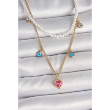 316L Çelik Gold Renk 2'li Inci Zincir Model Pembe Taşlı Kalp Figür Nazar Boncuk Detay Kadın Kolye - Lisinya