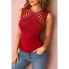 Runique Home Runiquehome Kadın Omuzlardan Askı Şerit Detaylı Taşlı Viskon Bluz