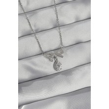 316L Çelik Gümüş Renk Zirkon Taşlı Fiyonk Detay Damla Kolye - Lisinya