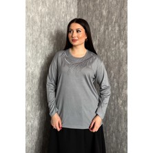 Modaplaza Kadın Büyük Beden Bisiklet Yaka Taşlı Nakışlı Uzun Kol Anne Bluzu 006