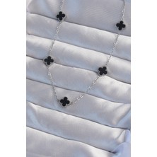 316L Çelik Gümüş Renk Minimal Siyah Mineli Yonca Kolye - Lisinya