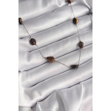 316L Çelik Gümüş Renk Zincir Kahverengi Doğaltaş Model Kadın Kolye - Lisinya