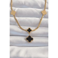 316L Çelik Gold Renk Italyan Zincirli Mineli Yonca Kolye - Lisinya