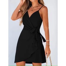 Deridün Yıldız Shoes Kadın Ip Askılı Kruvaze Yakalı Belden Kuşaklı Kısa Janjan Krep Elbise