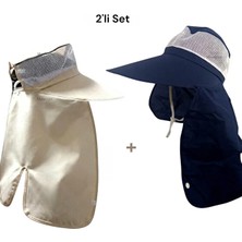Mustran 2'li Set Geniş Siperli Enseli Güneş Şapkası Fileli Yazlık Kadın Erkek Outdoor Şapka
