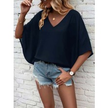 Gökyüzü Moda Kadın Kısa Kollu V Yakalı Salaş Viskon Bluz