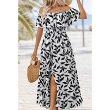 Deridün Yıldız Shoes Kadın Madonna Yaka Göğüs Lastikli Yırtmaçlı Uzun Desenli Süprem Elbise