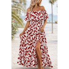 Tiana Kadın Madonna Yaka Göğüs Lastikli Yırtmaçlı Uzun Desenli Süprem Elbise