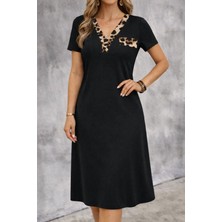 Tiana Kadın Kısa Kollu V Yakalı Süs Cep Detaylı Midi Viskon Elbise