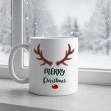Marsilyan Merry Christmas Yazılı Geyik Boynuzlu Yılbaşı Kupası Model 212 Baskılı Seramik Kahve Kupası
