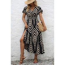 Tiana Kadın Kısa Fırfır Kollu Kruvaze Yakalı Beli Lastikli Desenli Uzun Elbise