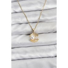 316L Çelik Zincir Gold Renk Istiridye Inci Model Zirkon Taşlı Kadın Kolye - Lisinya