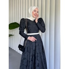 Modamorfo Kemerli Balon Etek Soğuk Baskı Kaftan Abiye Elbise  -Siyah