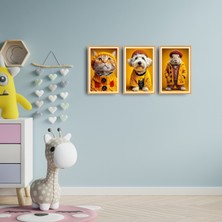 TASARIM ŞEYLER Kostümlü Evcil Hayvanlar Illüstrasyon Seti - 3 Parça Mdf Poster Seti