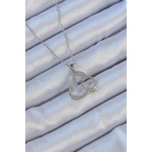 316L Çelik Zincir Gümüş Renk Zirkon Taşlı Yüzüklü Kalp Kolye - Lisinya