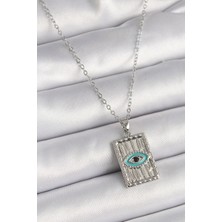 316L Çelik Gümüş Renk Zirkon Taşlı Göz Işleme Detaylı Plaka Model Kadın Kolye - Lisinya