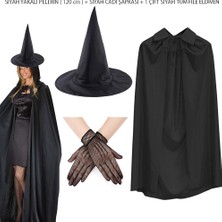 Senka Mey Ithalat® 120 cm Siyah Yakalı Cadı Pelerini Cadı Şapkası ve 1 Çift Siyah Kısa File Tüm Eldiven S