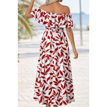 Nnstartshopping  Kadın Madonna Yaka Göğüs Lastikli Yırtmaçlı Uzun Desenli Süprem Elbise