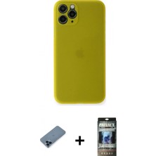 İlk El Grup Ieg™ iPhone 11 Pro Max Kılıf Yadigar Yansıma Serisi - Siyah 34D Hayalet Izgaralı Cam + Mavi Metal Kamera Lens Koruma Cam